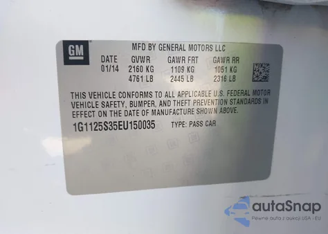 2014 Chevrolet Impala 2Lt z USA, uszkodzony, nr VIN 1G1125S35EU150035